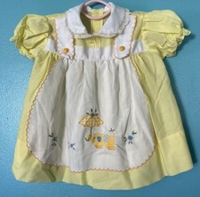 Vintage Party Dress Baby Girl Yellow 9-12M Elephants Doll Smocked Apron Lace