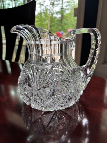 VINTAGE BEAUTIFUL ABP CUT GLASS CRYSTAL PITCHER HOBSTARS DIAMOND POINTS 6-1/4"