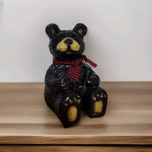 Sitting BLACK Bear Figurine Red Black Tartan Plaid Scarf 10" - Picture 4 of 10
