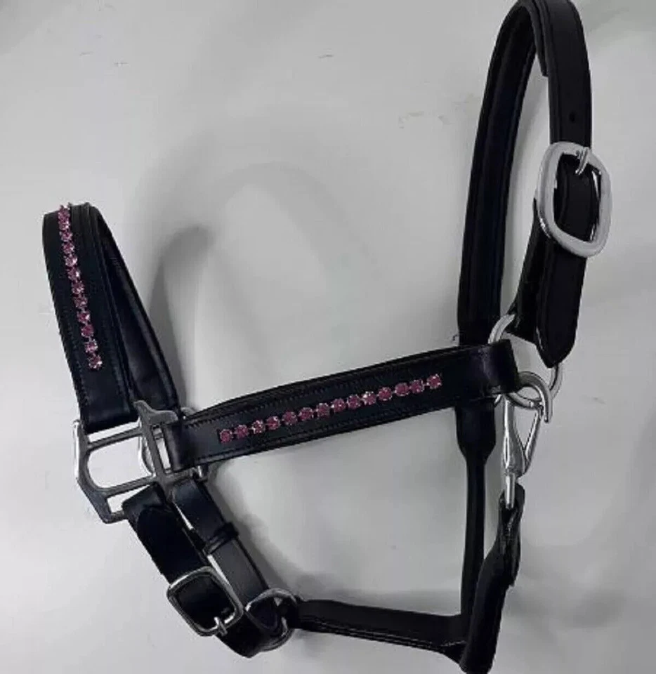 Leder Pferd gepolstert Kopf Halsband Halfter mit rosa Kristall alle Größen ko... - Bild 1 von 4