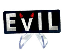 " EVIL LOGO " WITH DEVIL HORNS SEW-ON / IRON-ON PATCH BIKER / DECOR 3"x1.5"