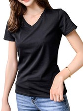 Womens V Neck T-Shirt Short Sleeve Solid Color Casual Basic Tee Blouse