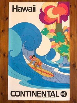 PETER MAX Vintage 1970s Continental Airlines Hawaii Promotional Poster (Surfer)