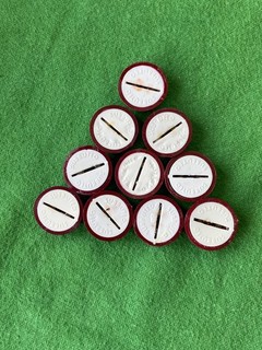 SUBBUTEO SET OF 10 HEAVYWEIGHT BASES MAROON OUTER BASES WITH WHITE INNER DISCS.