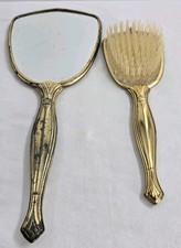 Vintage Handheld Mirror Brush Vanity Set Gold Plated Hollywood Orginal Patina