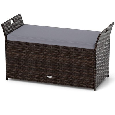 Outdoor Aufbewahrungsbank mit handgewebtem PE-Rattan Geflecht und seitlichen Griffen - Grau