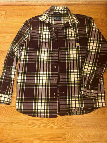Carhartt Loose Fit Plaid Flannel Button-Up Shirt Mens M Long Sleeve Brown