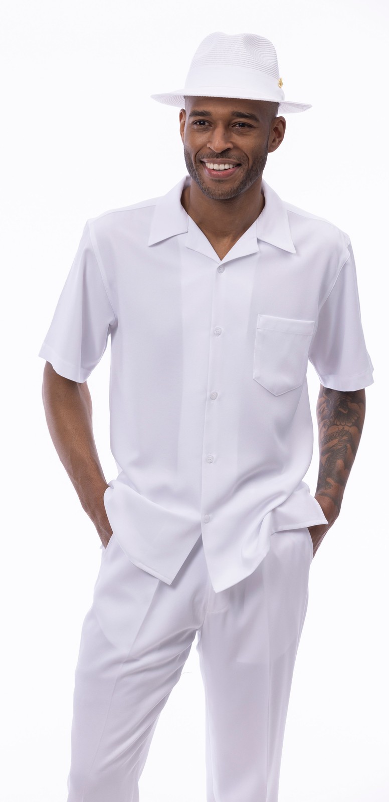 MONTIQUE White Walking Suit 2 Piece Solid Color Short Sleeve LAR-34 WAIST 696