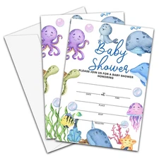25 Sets 4x6 Ocean Animal Baby Shower Invitation Cards, Envelopes, C10, Sea