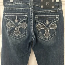Miss Me Womens Dark Wash Low Rise Bootcut Jeans Denim Cross Rhinestones 27 Y2K