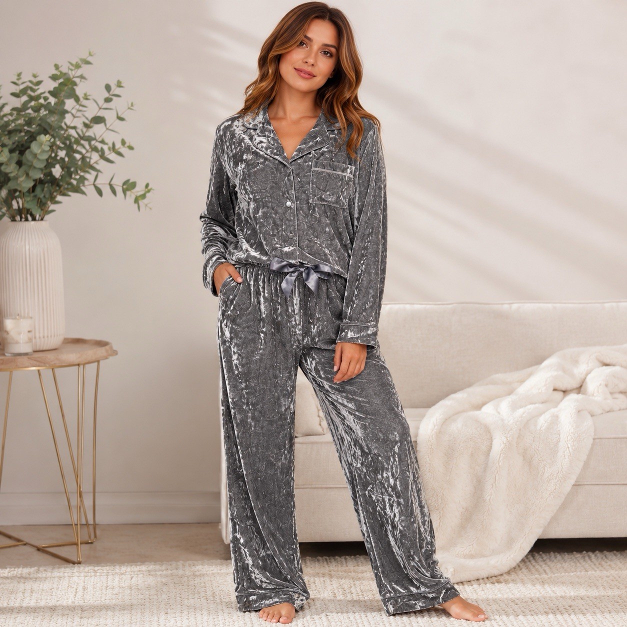 Lord & Taylor Women Gray Velvet Button-Front Pajama Set Collared XL 925815 NWOT