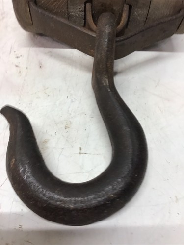 Antique Oak&Cast Iron Triple Pulley&Hook Boston&Lockport? Anchor Logo 6 COM 15” - Picture 2 of 11