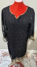 Agha Noor Black Embroidered Kurta Tunic Dress Gold Trim Boho Cottagecore