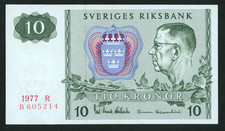 🔴SWEDEN  10 Kronor  1977  UNC   P52d🔴