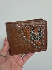 Longhorn Mens Wallet Western Bifold Ostrich Brown Studded Tool Leather Look