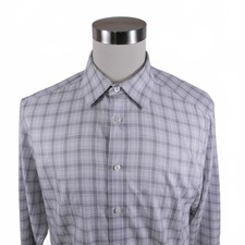 Egara Mens Cotton Non Iron Button Up Gray White Plaid Dress Shirt Large