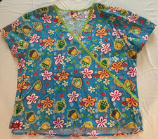 Dickies Uniform Scrub Top Turquoise w/Chesnuts  Colorful Flowers Preown A3-11 