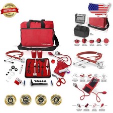 Pro Nurse Kit Red: Stethoscope, BP Monitor, Otoscope, 18pc Medical Essentials