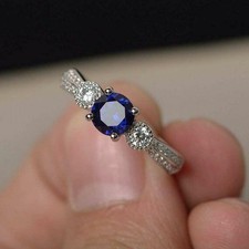 2Ct Round Cut Simulated Blue Sapphire Prong Promise Ring 14k White Gold Plated