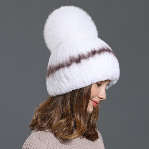 Rex Rabbit Fur Beanie Fox Fur Pom Pom 