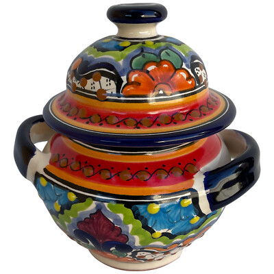 TalaMex Cuautla Handmade Multicolor Mexican Talavera Sugar Jar  5'' x 4.25''
