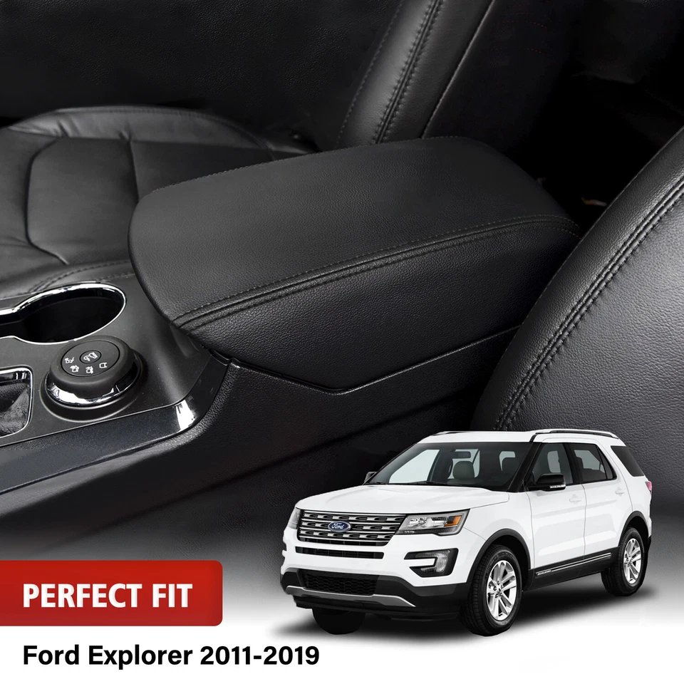 Se adapta a Ford Explorer 2011-2019 cuero consola central tapa reposabrazos cubierta negra KBH Foto 2 de 4