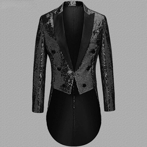 Men Slim Glitter Sequin Tuxedo Suit Jacket Tailcoat Dress Coat Wedding Party Top - Picture 17 of 18