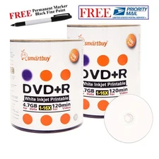 200 Smartbuy 16X DVD+R 4.7GB White Inkjet Printable Disc+ Black Permanent Marker