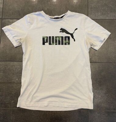 Puma Men White Essential Black Logo Tee T-Shirt Size Medium Camo Logo  STAINS | eBay