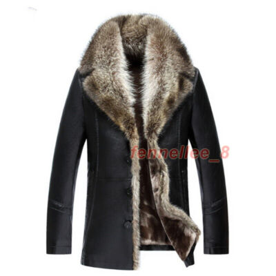 New Mens Genuine Mink Fur Collar Leather Jacket Coat Warm Thicken