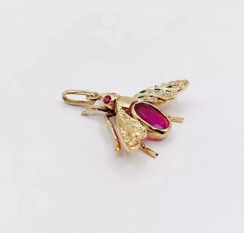 1.30Ct Oval Cut Lab Created Pink Ruby Honey Bee Pendant 14K Yellow Gold Plated - Picture 8 of 9