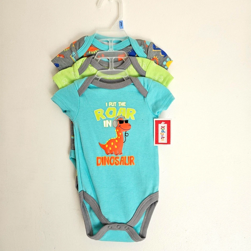 Kidgets Newborn Dinosaur Bodysuit Rompers 0-3 Months 3-Pack New - Image 2 of 4