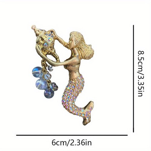 Vintage palace style temperament rhinestone tassel mermaid conch brooch pin - 第 4/5 張圖片