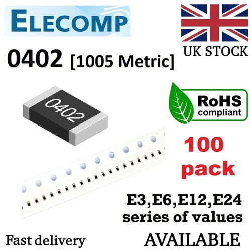 0402 SMD Resistors 1%,5% E24 Range 0 Ohm - 10M Ohm (100 in Pack) Free postage UK