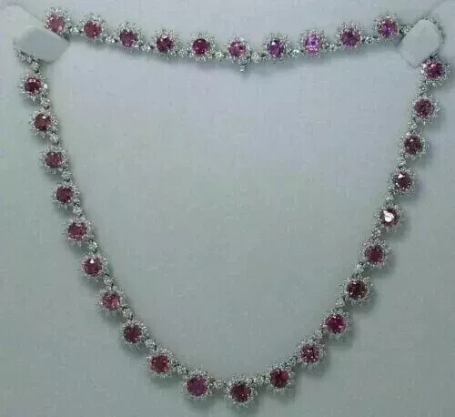 15 Ctw Lab Created Pink Sapphire Tennis Women Necklace 14K White Gold Plated 18