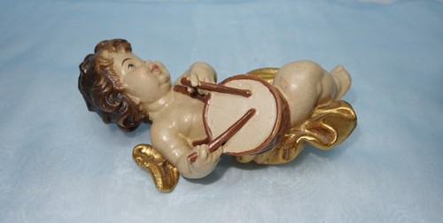 Ángel con tambor, madera - pintado a mano, hoja de oro - 20 cm - Gröden - Imagen 2 de 6
