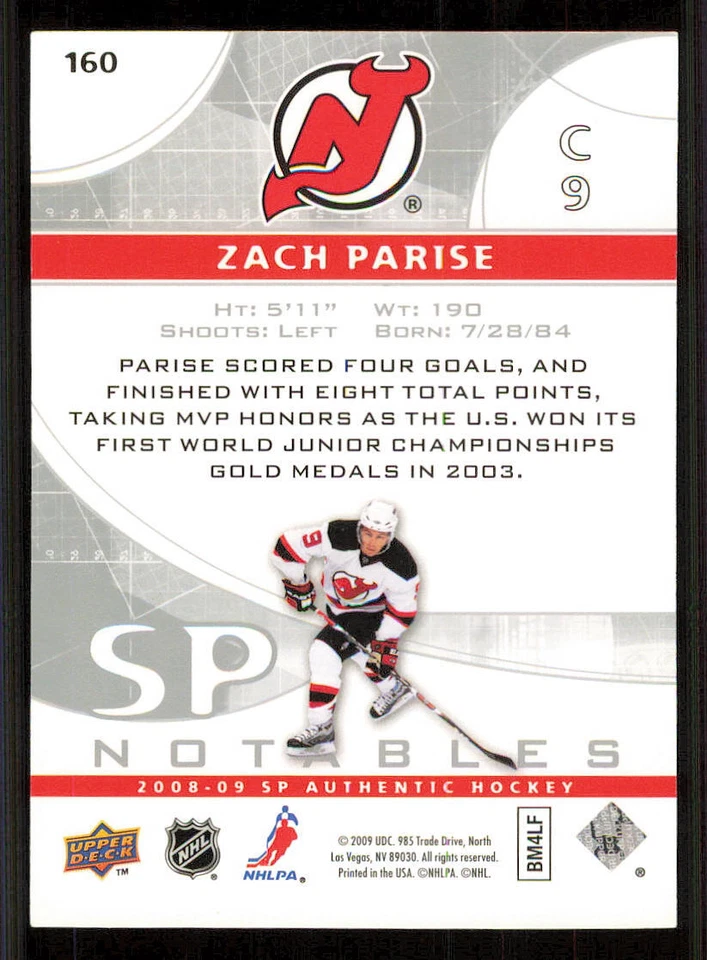 2008-09 SP Authentic #160 Zach Parise N /999 - Image 2 of 2