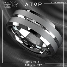 8mm Siver  Tungsten Men Channel Stripe Center Comfort Fit ATOP Wedding Band Ring