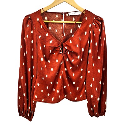 ASTR The Label Rust Brown White Lightweight Keyhole Balloon Sleeve Top XSmall XS