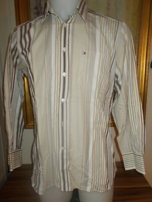 Chemise coton beige rayé marron TOMMY HILFIGER S/P manches longues - Photo 1/4