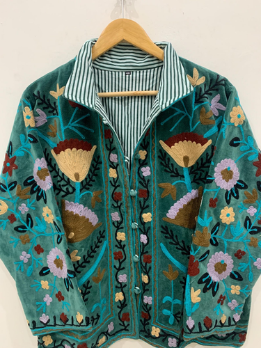 Handcrafted Velvet Suzani Embroidered Jacket | Boho Floral Pattern Jacket - Picture 2 of 5