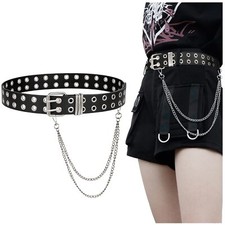 FIORETTO Double Grommet Leather Belt with Detachable Chain Women Men Punk Roc...
