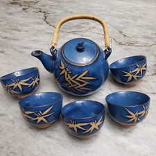 Traditional Japanese Tea Set Cobalt Blue Glaze with Unglazed Design 7 Piece Set
