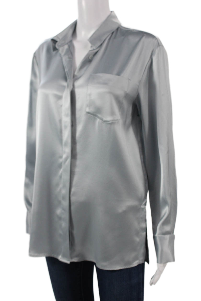 Toccin Womens Basic Collared Gray Long Sleeve But… - image 2