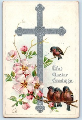 1909 Easter Greetings Holy Cross Birds And Flowers Embossed Newark NJ Postcard