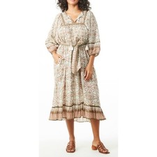 Cleobella Woodblock Floral Midi Dress XL Green Terracotta Tassel Boho Ruffle Hem