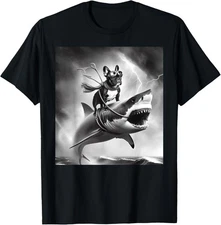 Funny Dog French Bulldog Riding a Shark in Tornado Meme T-Shirt