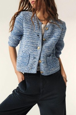 ba&sh Guspa Cardigan Blue Textured Crochet Knit Tweed Jacket Women's 2 (US 6)