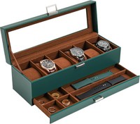 Uhrenbox Mit Glasdeckel, 6 FäCher, Schmuckkoffer, Uhrenkasten, Uhrenschatulle,