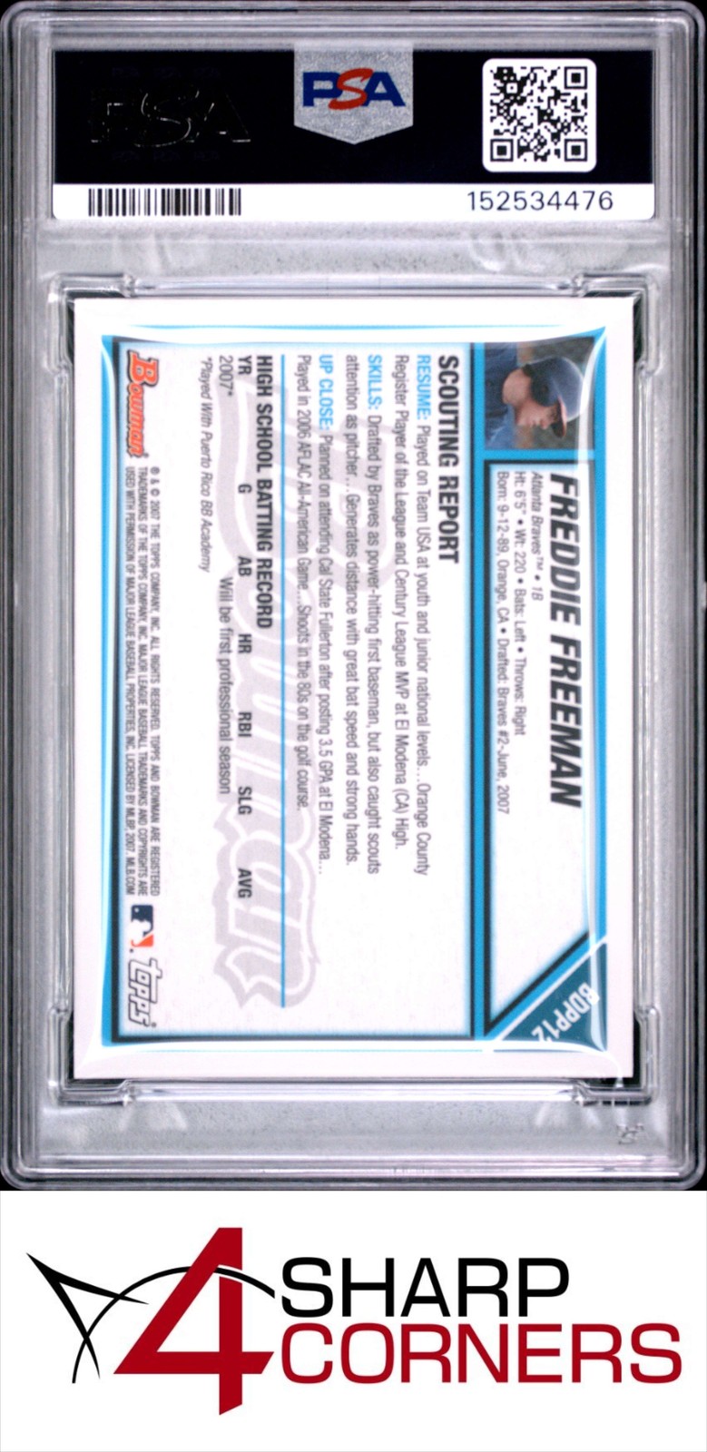 2007 BOWMAN DRAFT PICKS & PROSPECTS GOLD #BDPP12 FREDDIE FREEMAN RC BRAVES PSA 8 view 2